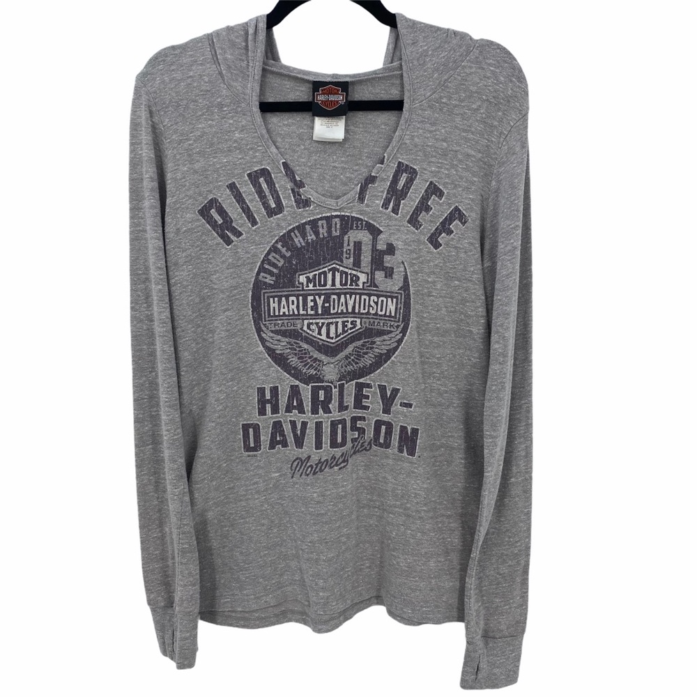 Harley Davidson- Gray Hooded Long Sleeve Top